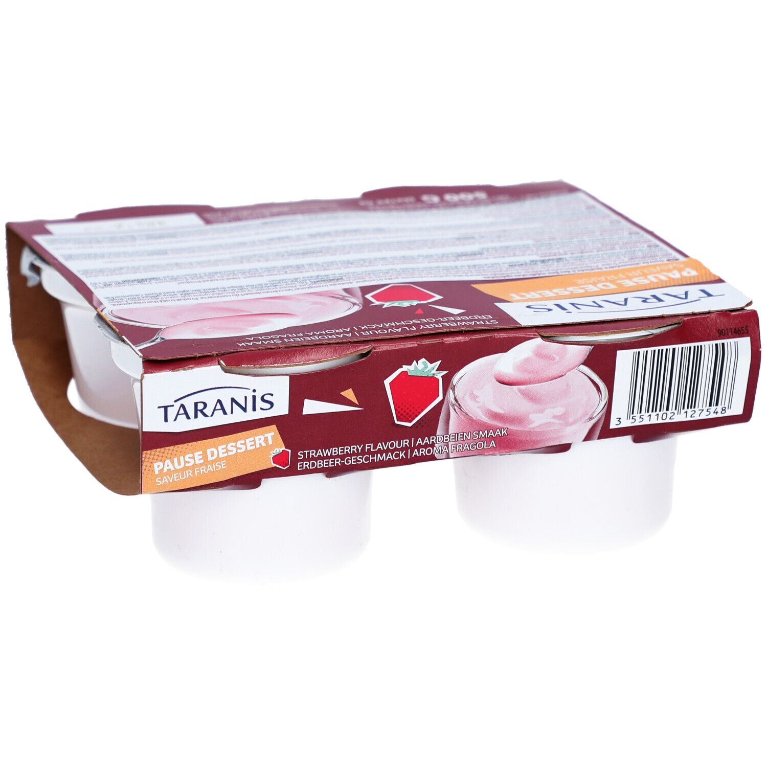 Verpakking met vier witte bekers. Opschrift: Taranis Pause Dessert, aardbeiensmaak. Kartonnen verpakking.