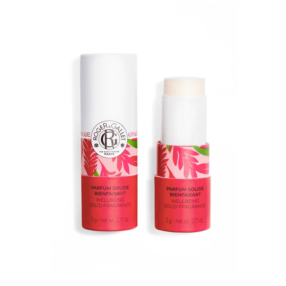 Twee verpakkingen van Roger&Gallet Parfum Solide Gingembre Rouge. Eén open, één dicht. Wit en rood met bloemmotief.