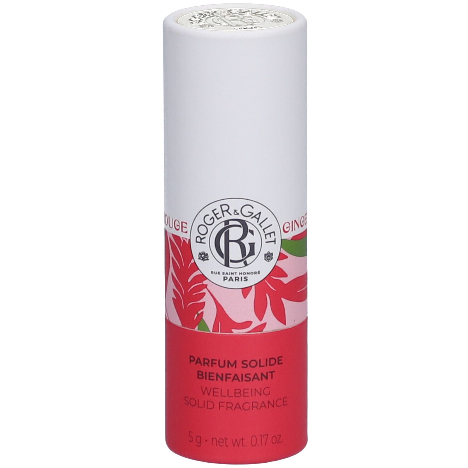 Zylindrische Verpackung von Roger&Gallet Parfum Solide Gingembre Rouge. Weiß und rot mit floralem Muster und Produktinformationen.