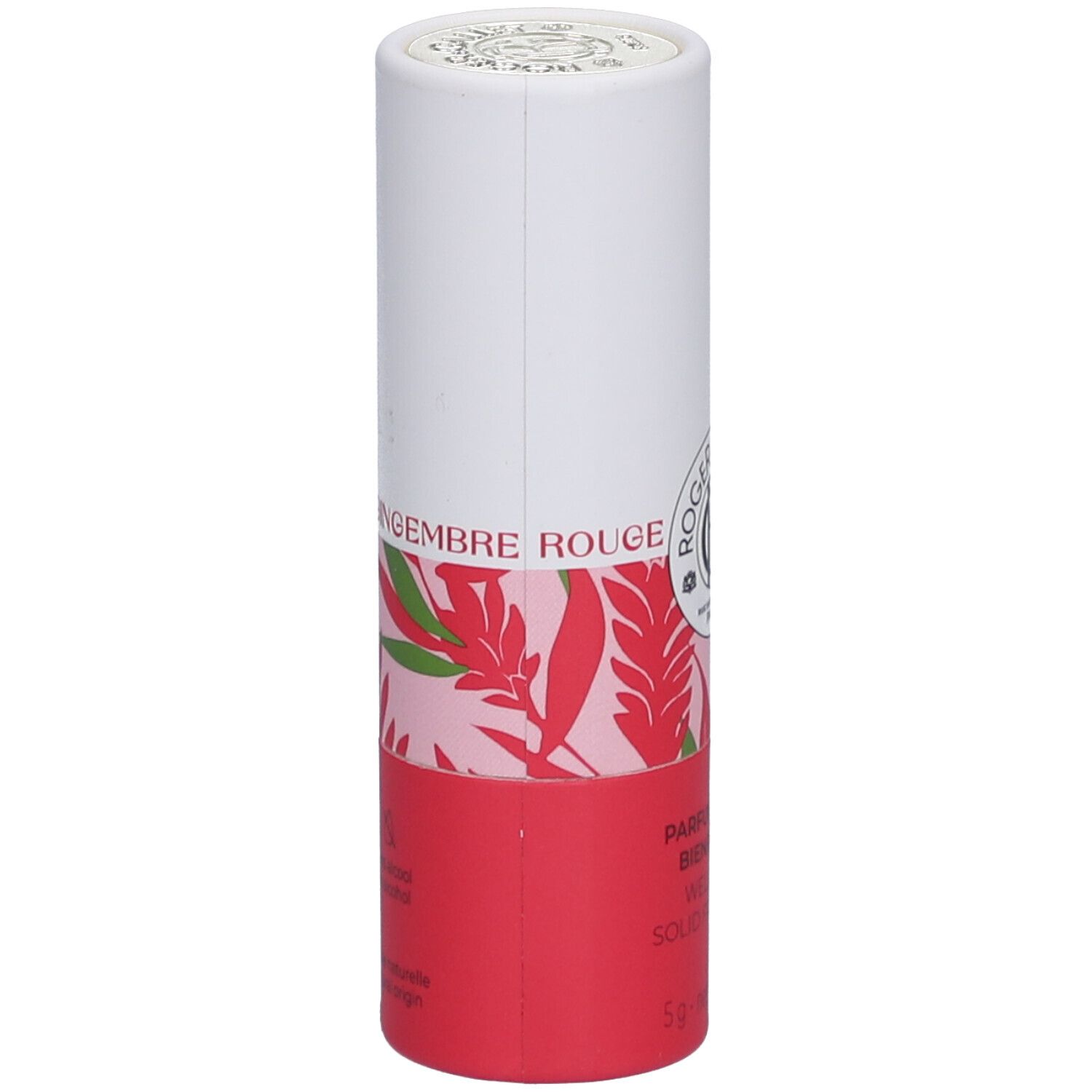 Zylindrische Verpackung von Roger&Gallet Parfum Solide Gingembre Rouge. Weiß und rot mit floralem Muster und Produktinformationen.