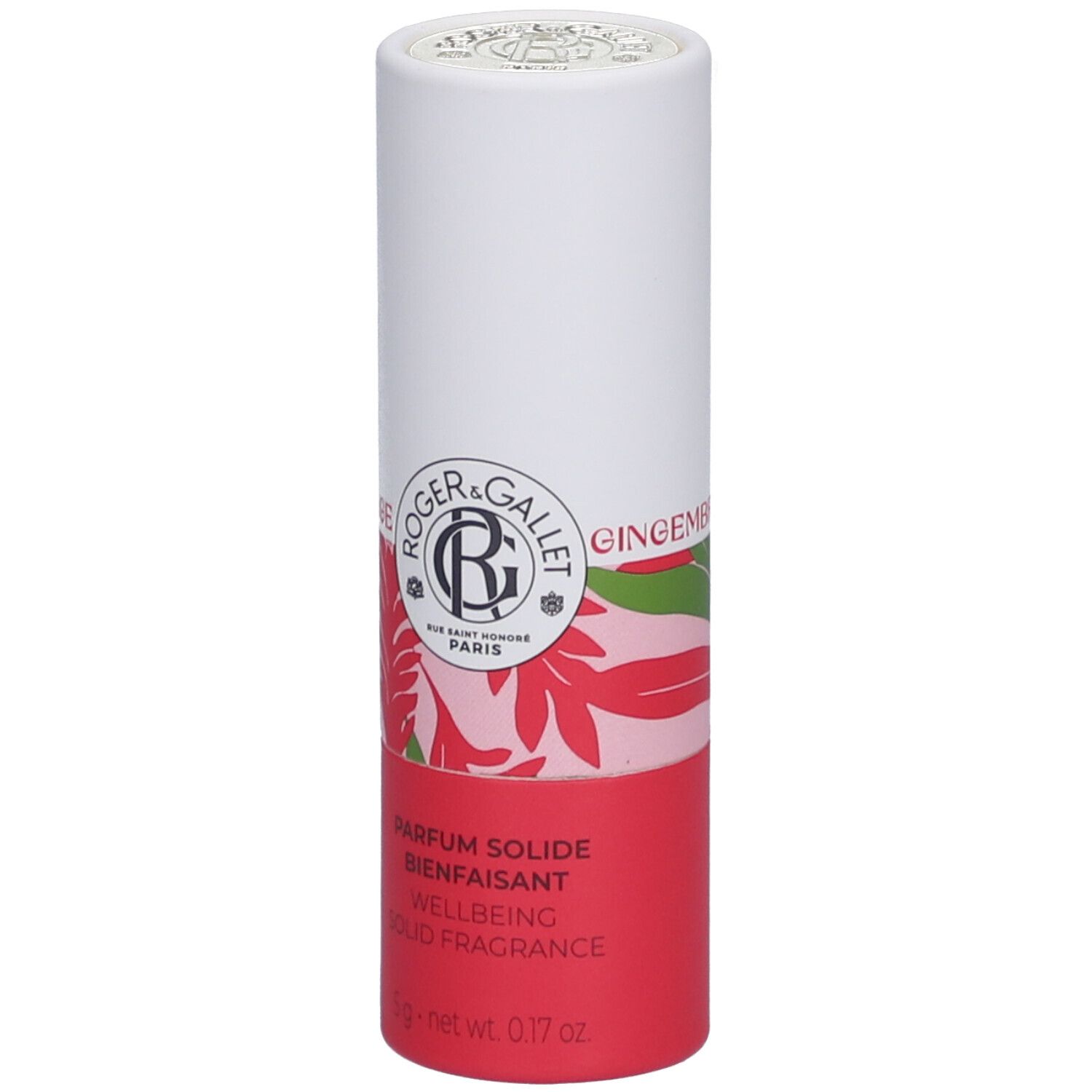 Zylindrische Verpackung von Roger&Gallet Parfum Solide Gingembre Rouge. Weiß und rot mit floralem Muster und Produktinformationen.