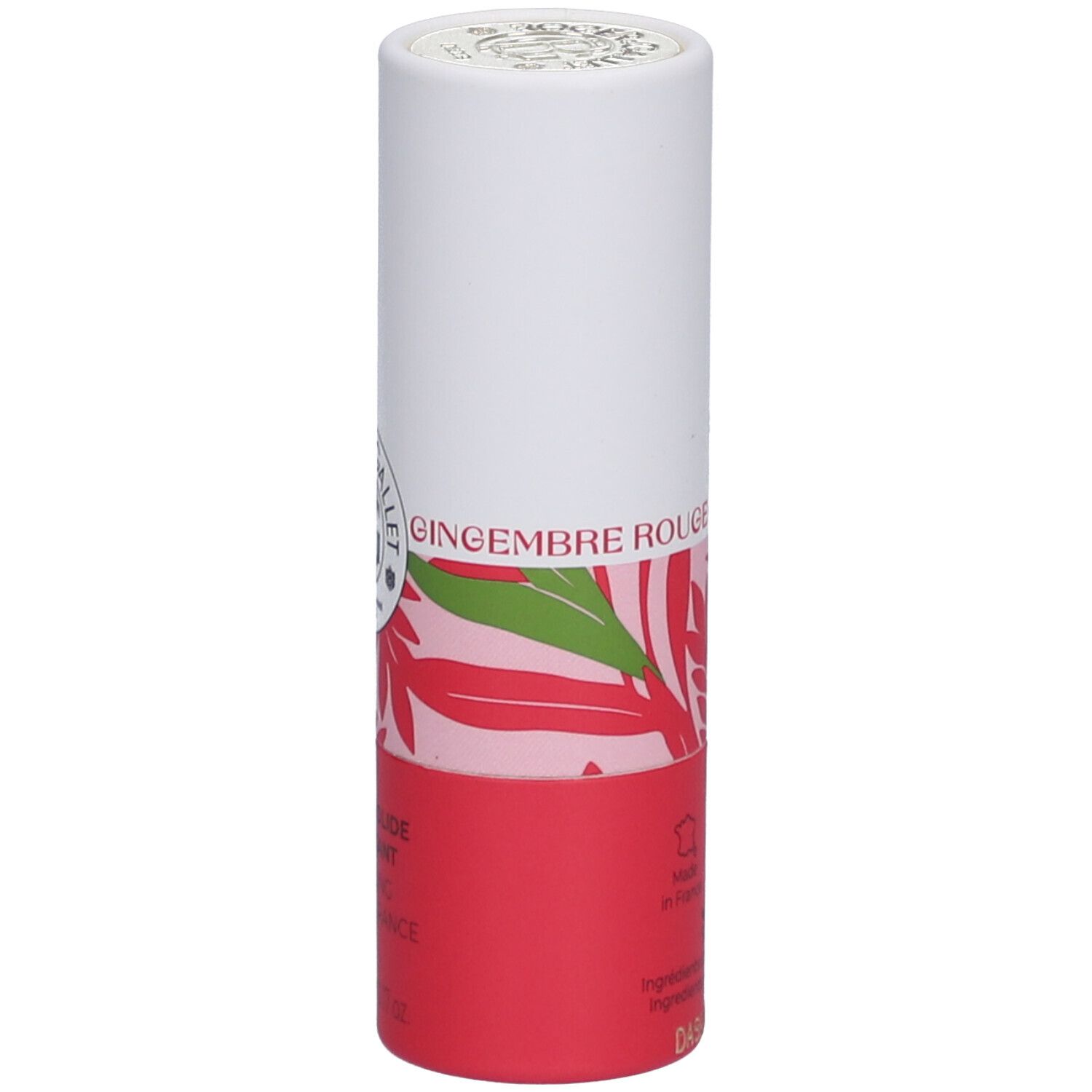 Zylindrische Verpackung von Roger&Gallet Parfum Solide Gingembre Rouge. Weiß und rot mit floralem Muster und Produktinformationen.