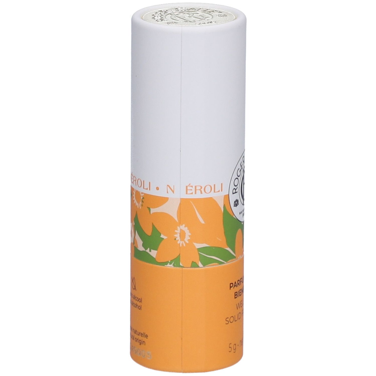 Zylindrische Verpackung, orangefarbener Abschnitt mit floralem Muster und Produktinformationen. Weißer Deckel.