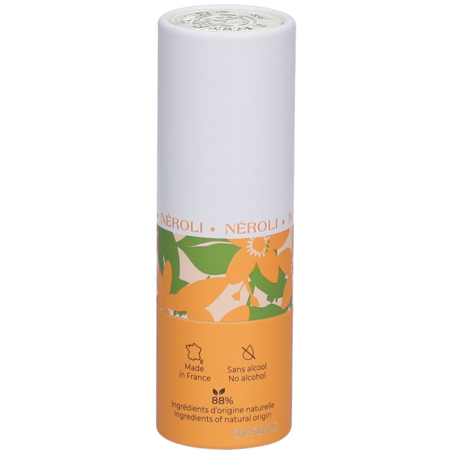 Zylindrische Verpackung mit floralem Muster und Produktinformationen. Enthält Hinweise auf Inhaltsstoffe natürlichen Ursprungs.