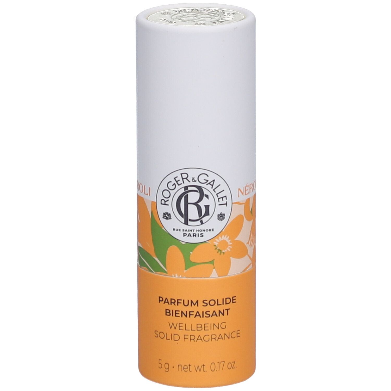 Zylindrische Verpackung mit Logo und Produktnamen. Orangefarbener Abschnitt mit floralem Muster und Produktinformationen.