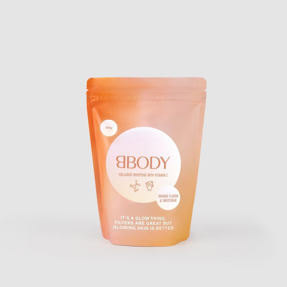 Zakje BBODY collageen. Opschrift: Collagen Tripeptide with Vitamin C. Smaak: Orange & Sweetener. 100g.