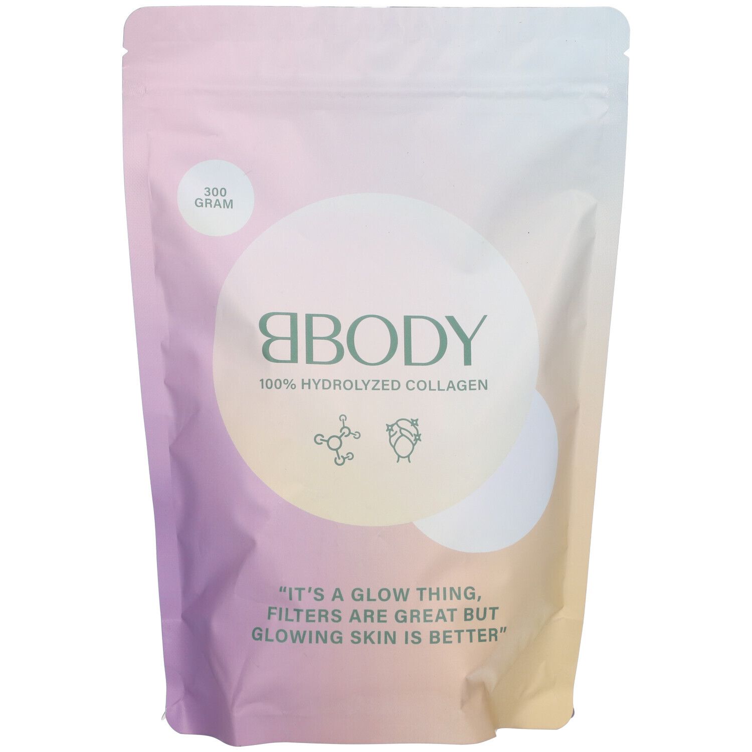 Zakje BBODY Gehydrolyseerd collageen. Wit-roze verloop. Logo en tekst op de voorkant. 300 gram.