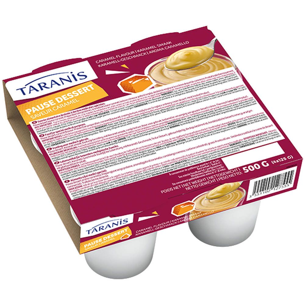 Verpakking met vier witte dessertbekers. De productnaam, smaak en een lepel zijn zichtbaar op de verpakking.