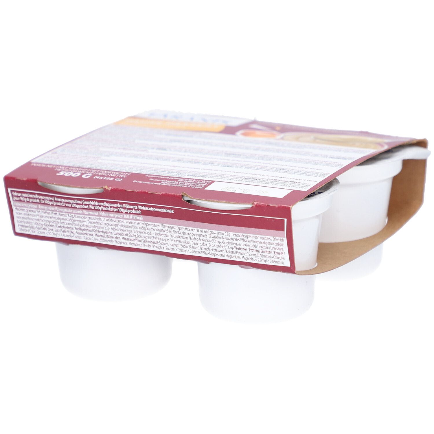 Verpakking met vier witte dessertbekers. De verpakking toont productinformatie en is gedeeltelijk zichtbaar.