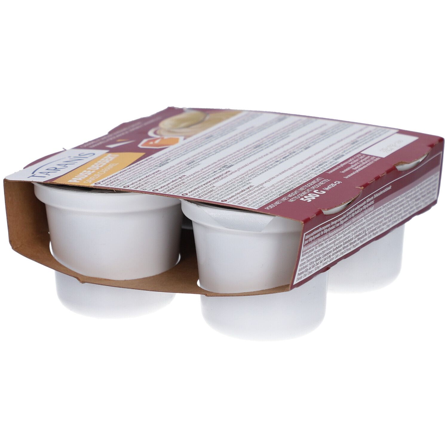 Verpakking met vier witte dessertbekers. De verpakking toont productinformatie en is gedeeltelijk zichtbaar.