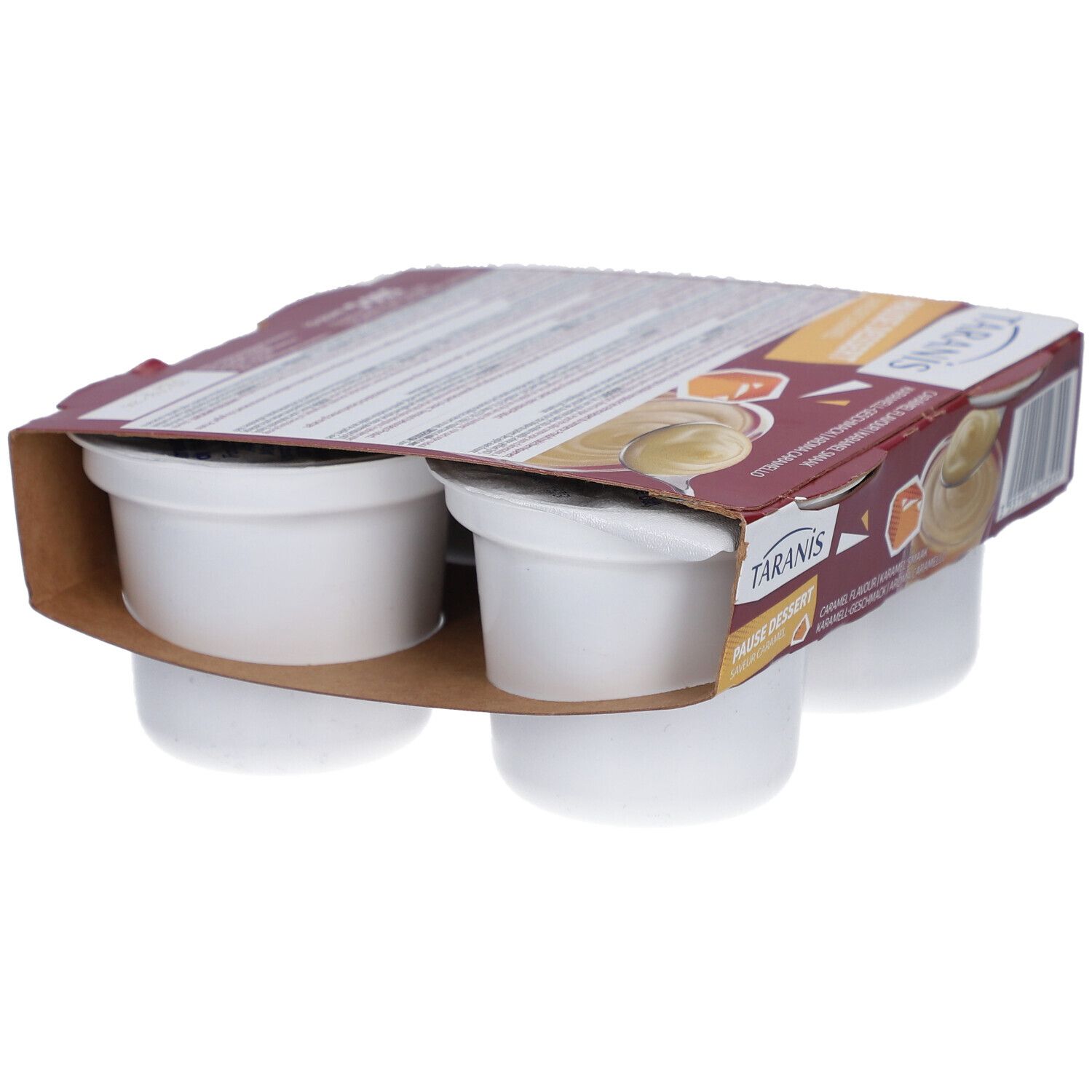 Verpakking met vier witte dessertbekers. De verpakking toont productinformatie en is gedeeltelijk zichtbaar.