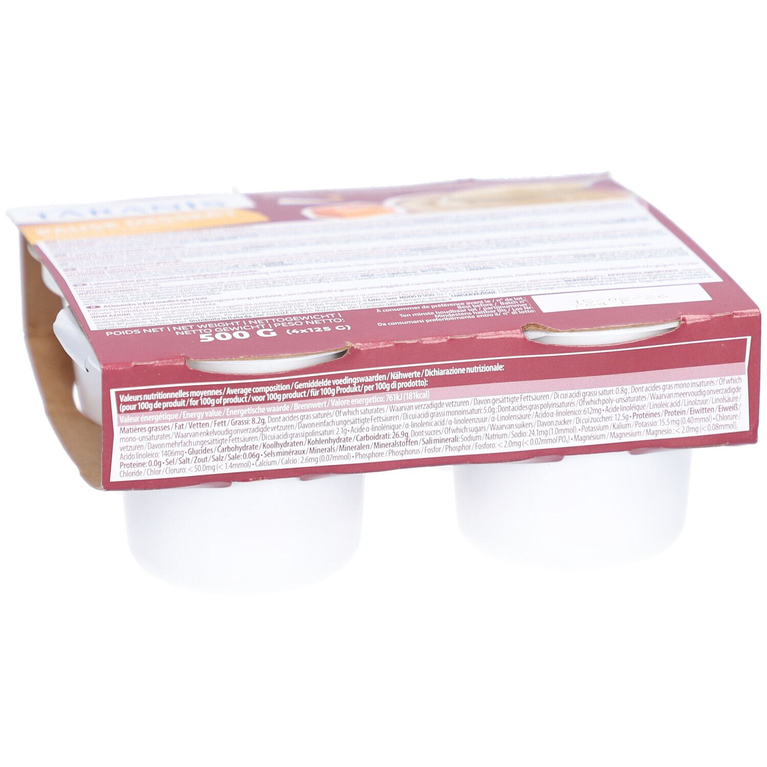 Verpakking met vier witte dessertbekers. De verpakking toont productinformatie en is gedeeltelijk zichtbaar.