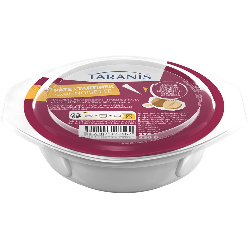 Taranis pâte à tartiner saveur noisette, emballage ovale. Couvercle rouge, texte blanc. Couvercle transparent.