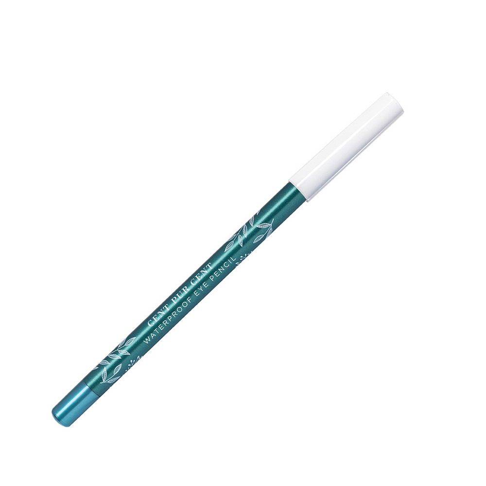 Turkoois oogpotlood met witte punt. Tekst: CENT PER CENT WATERPROOF EYE PENCIL. Bloemenmotief.