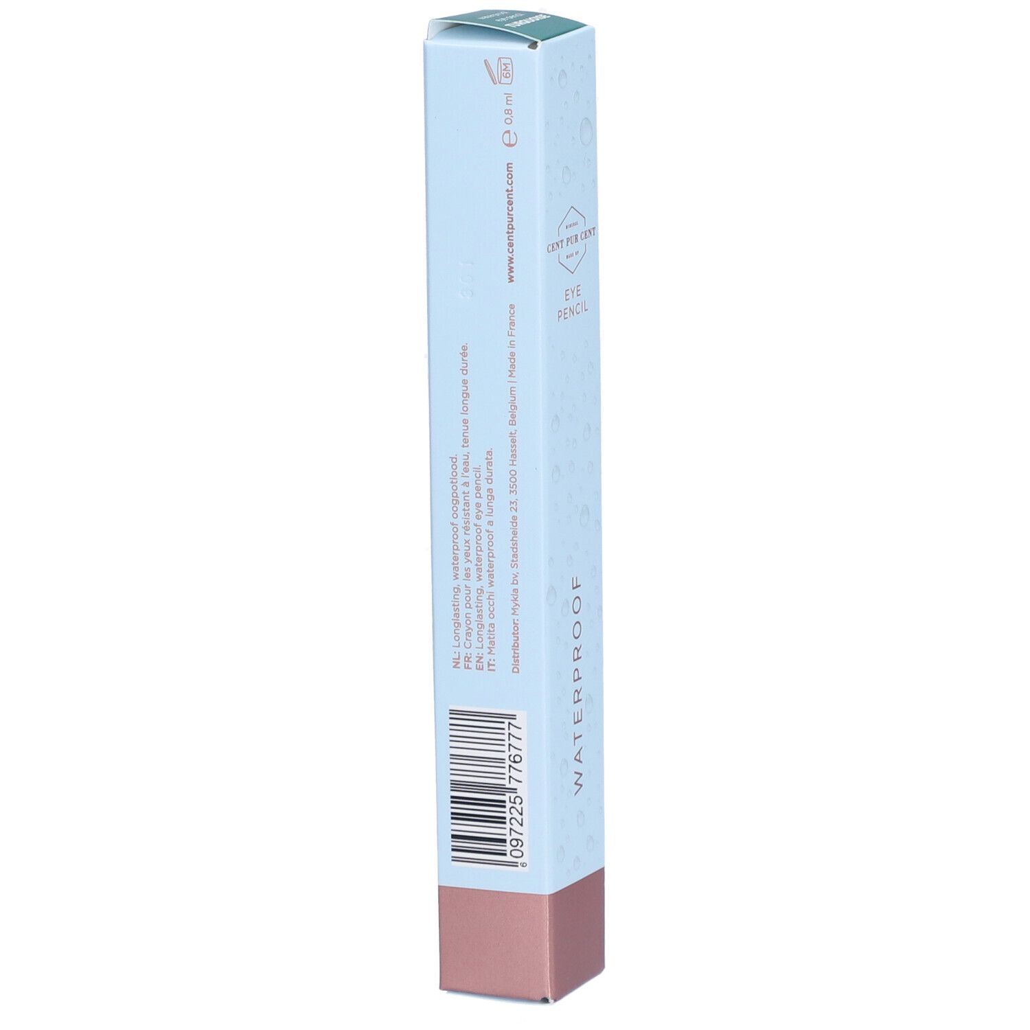 Dos de l'emballage du crayon pour les yeux. Bleu clair, base rose. Texte: WATERPROOF, code-barres, coordonnées.