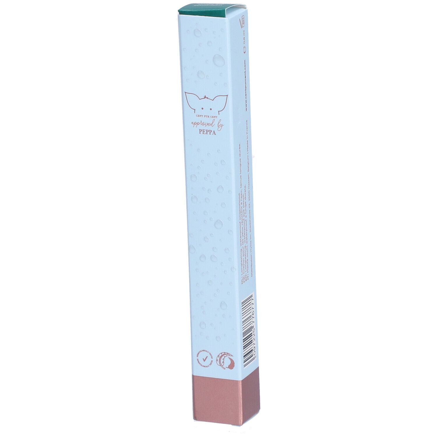 Emballage de crayon pour les yeux. Bleu clair, base rose. Logo: natural by PEPPA. Texte: WATERPROOF, logos.