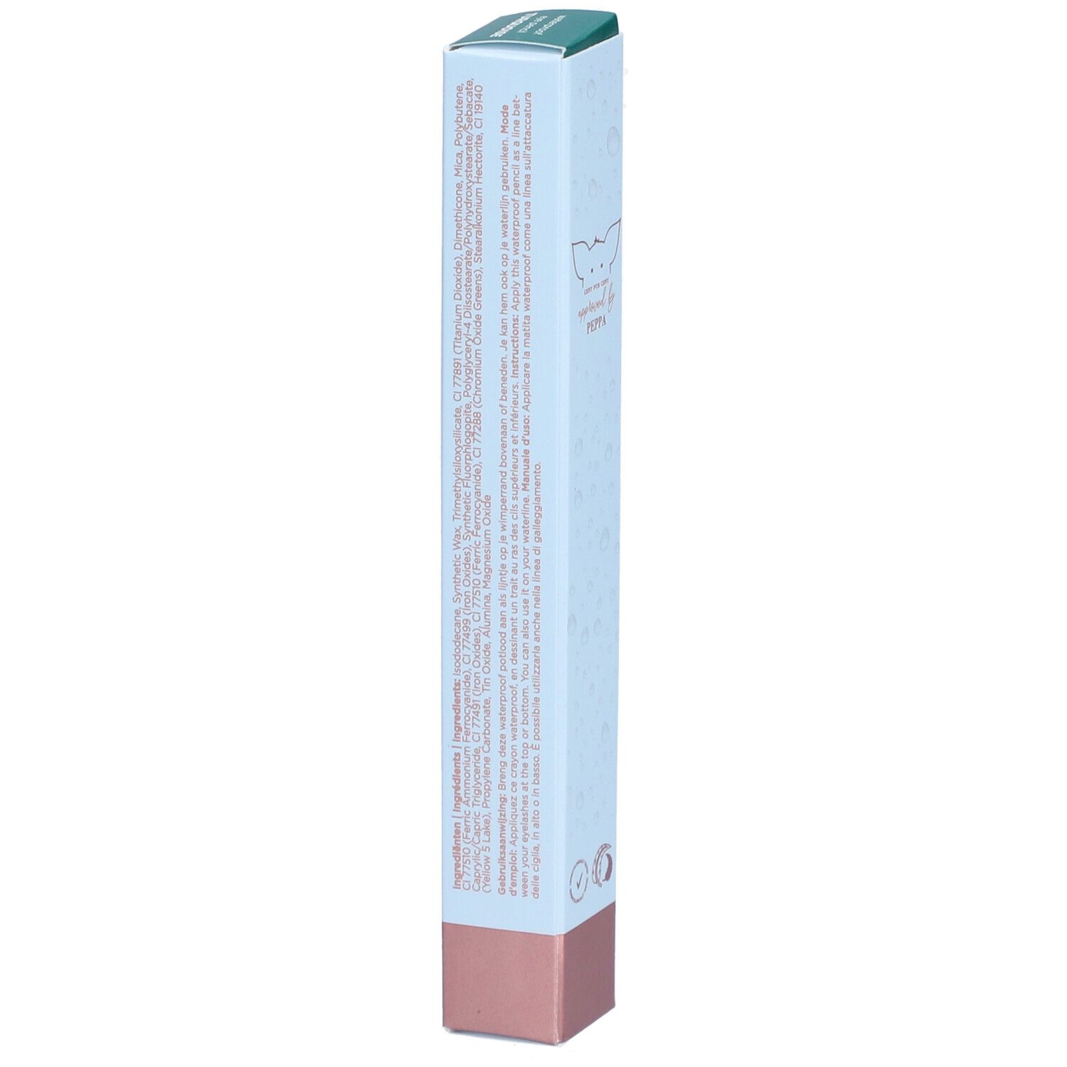 Dos de l'emballage du crayon pour les yeux. Bleu clair, base rose. Texte: ingrédients, informations fabricant, logos.