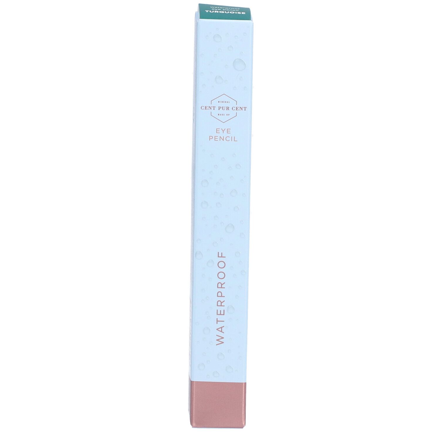 Emballage de crayon pour les yeux. Bleu clair, base rose. Texte: CENT PER CENT, EYE PENCIL, WATERPROOF, TURQUOISE.