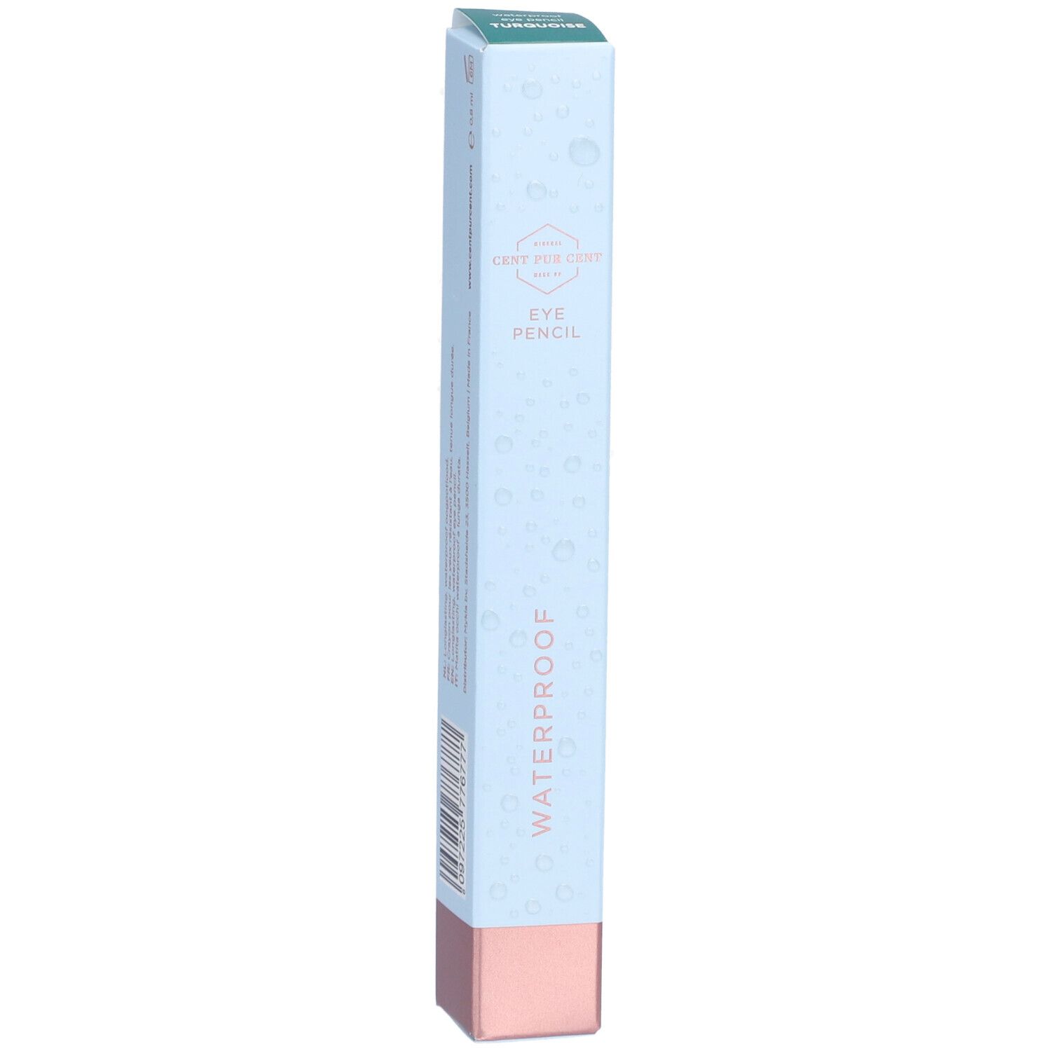 Emballage de crayon pour les yeux. Bleu clair, base rose. Texte: CENT PER CENT, EYE PENCIL, WATERPROOF, TURQUOISE.