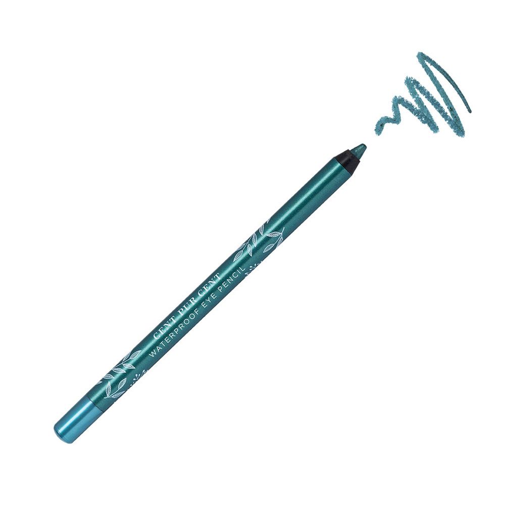 Crayon pour les yeux turquoise avec pointe blanche. Trait. Texte: CENT PER CENT WATERPROOF EYE PENCIL. Décor floral.