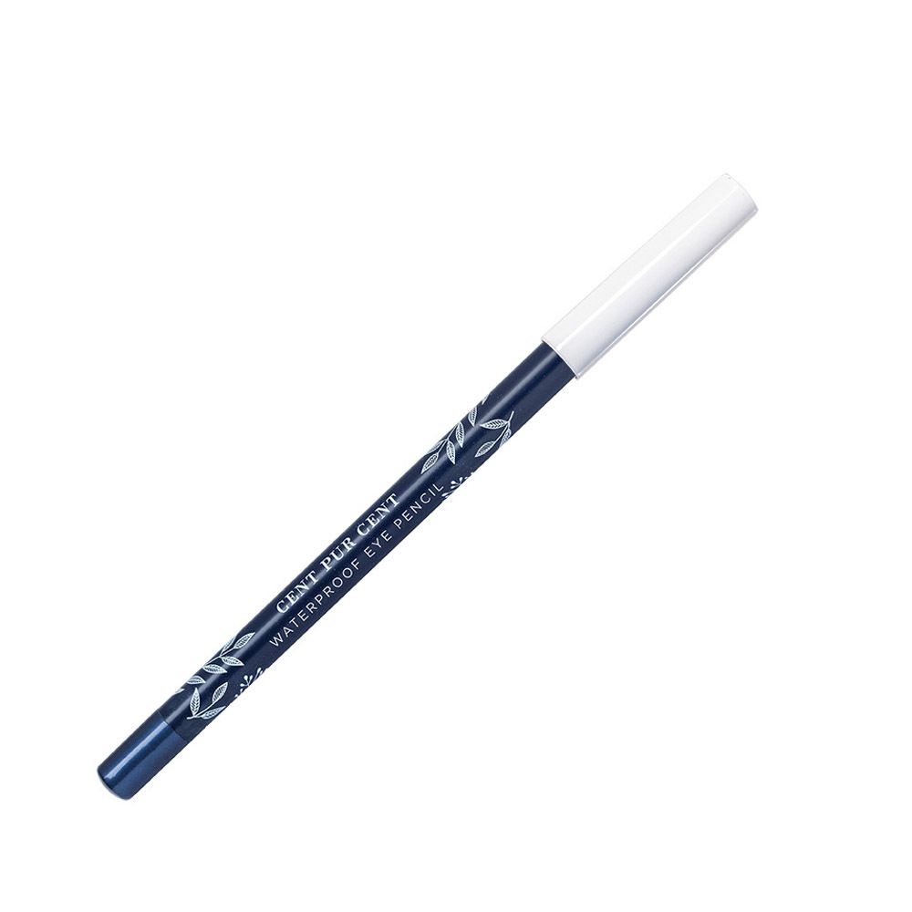 Blauw oogpotlood met witte dop. Opschrift: CENT PUR CENT WATERPROOF EYE PENCIL. Bladerenpatroon.