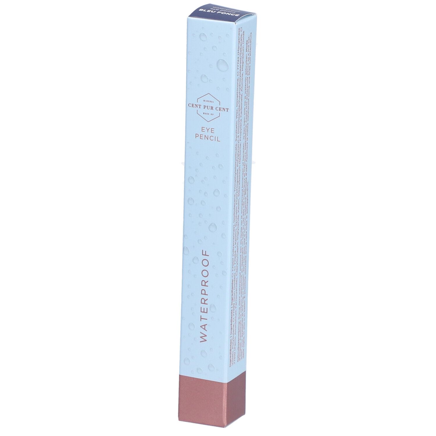 Doosje voor oogpotlood. Lichtblauw met roze basis. Opschrift: CENT PUR CENT, EYE PENCIL, WATERPROOF. Druppelpatroon.