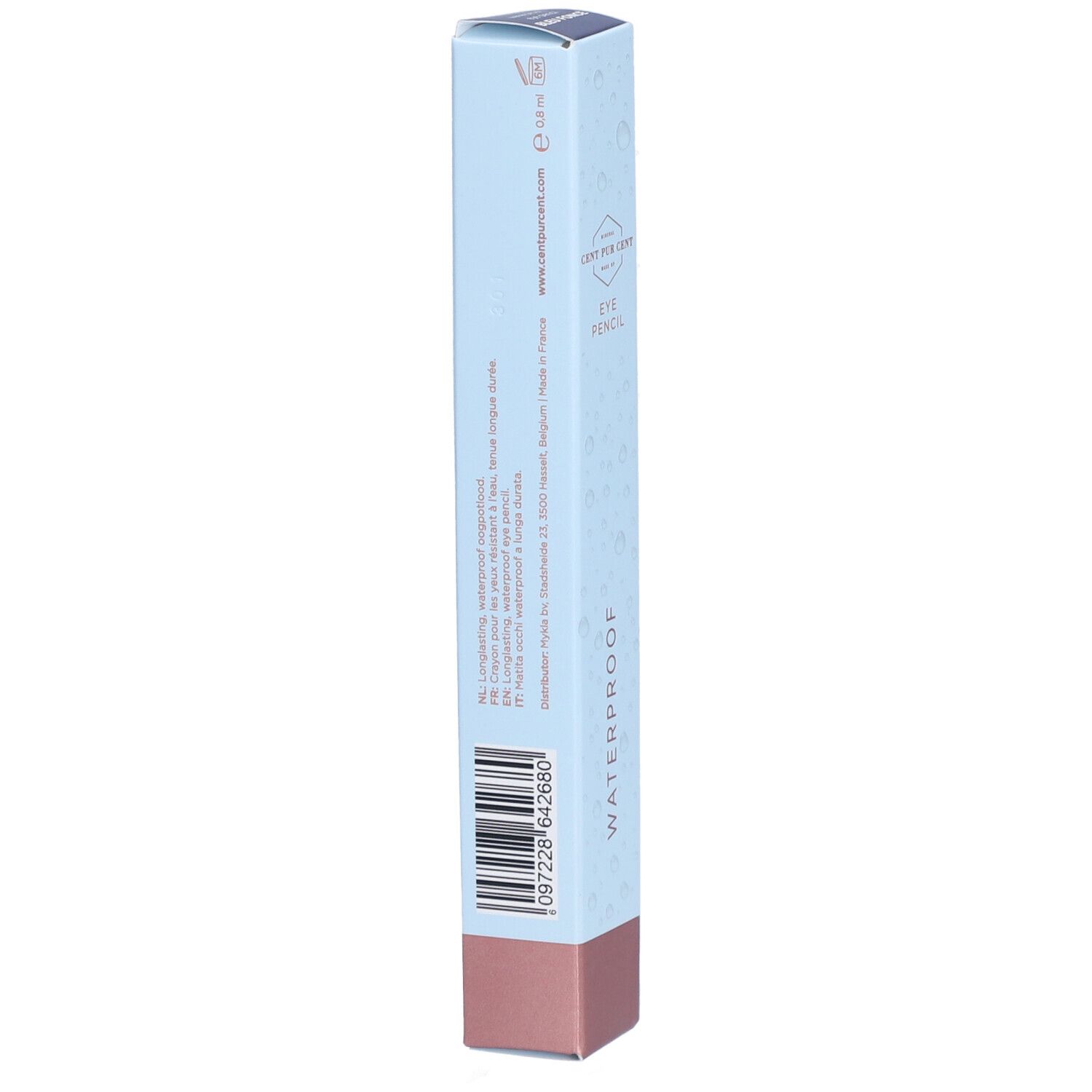 Achterkant van het oogpotlooddoosje. Lichtblauw met roze basis. Tekst en barcode. Druppelpatroon.