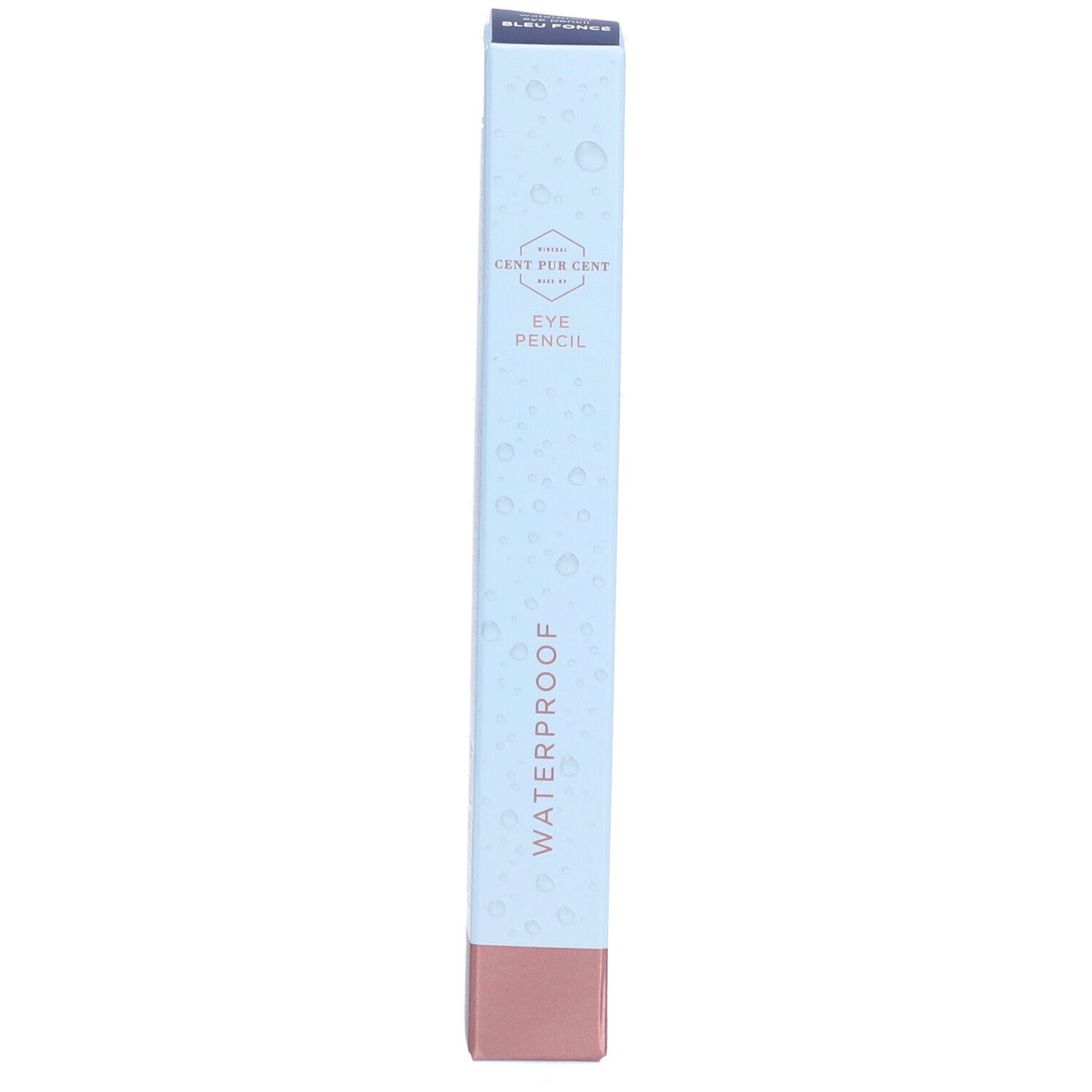 Oogpotlooddoosje. Lichtblauw met roze basis. Opschrift: CENT PUR CENT, EYE PENCIL, WATERPROOF. Druppelpatroon.