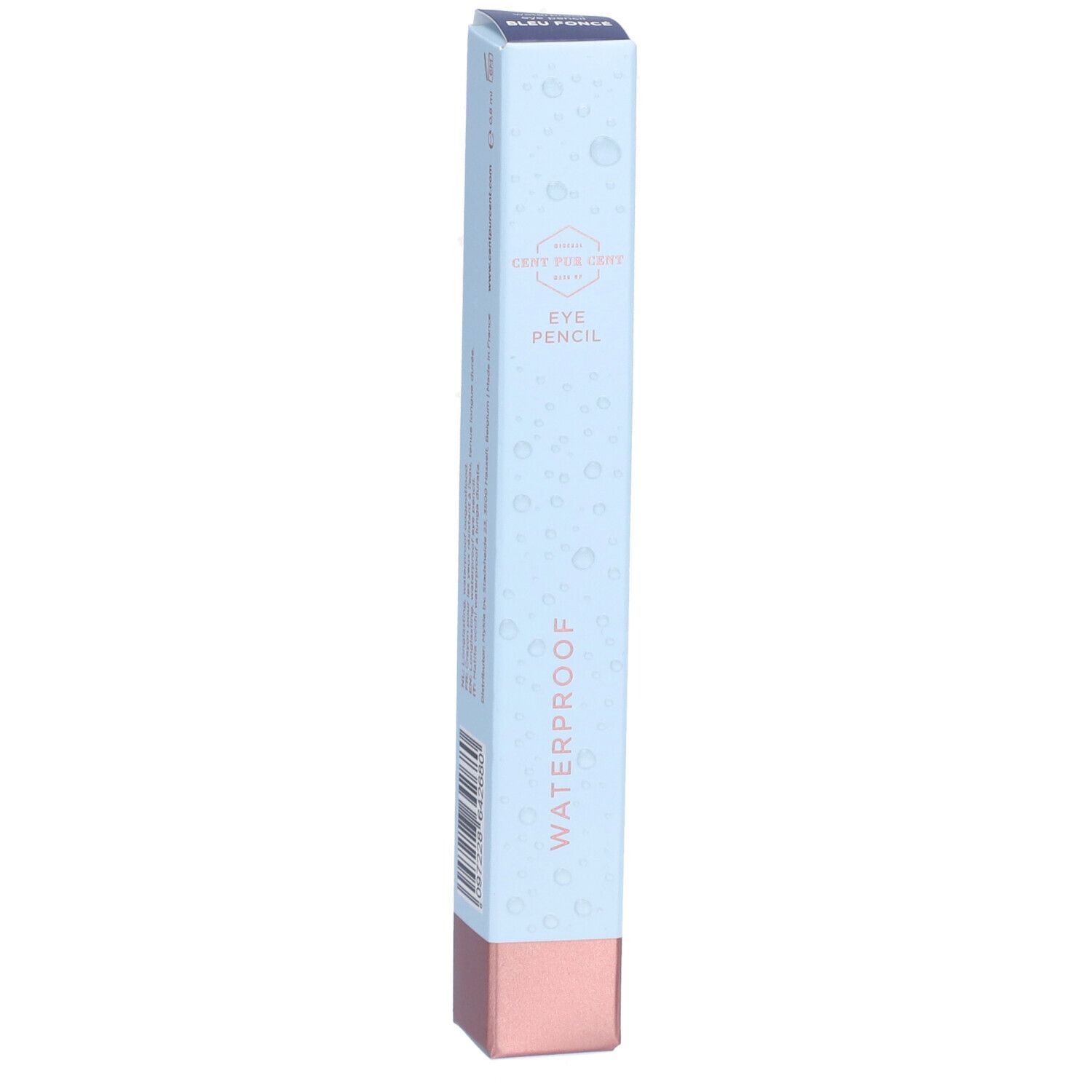 Oogpotlooddoosje. Lichtblauw met roze basis. Opschrift: CENT PUR CENT, EYE PENCIL, WATERPROOF. Druppelpatroon.