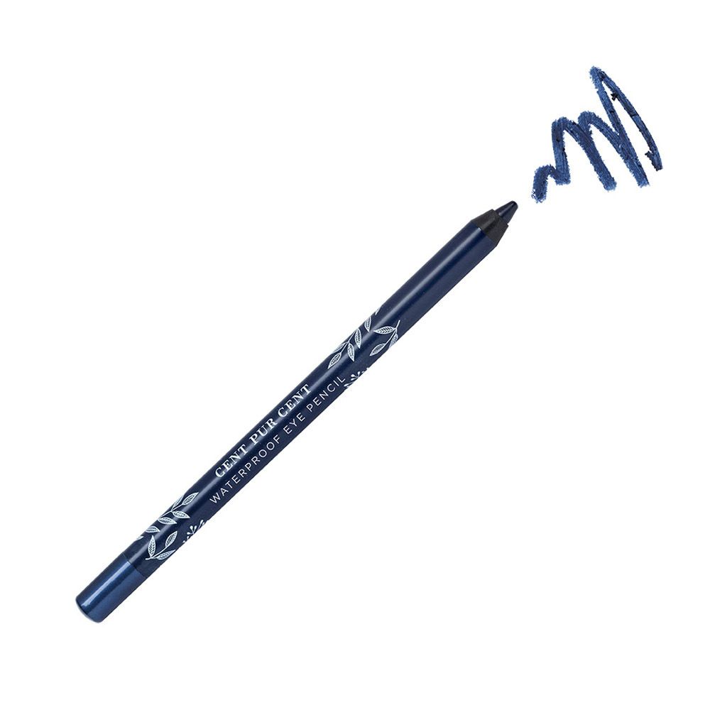 Blauw oogpotlood met streep. Opschrift: CENT PUR CENT WATERPROOF EYE PENCIL. Bladerenpatroon.