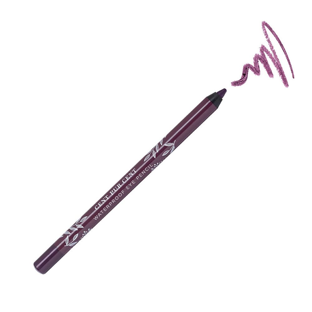 Crayon pour les Yeux Waterproof CENT PUR CENT, couleur Bordeaux. Crayon violet foncé avec décorations argentées, trait à côté.