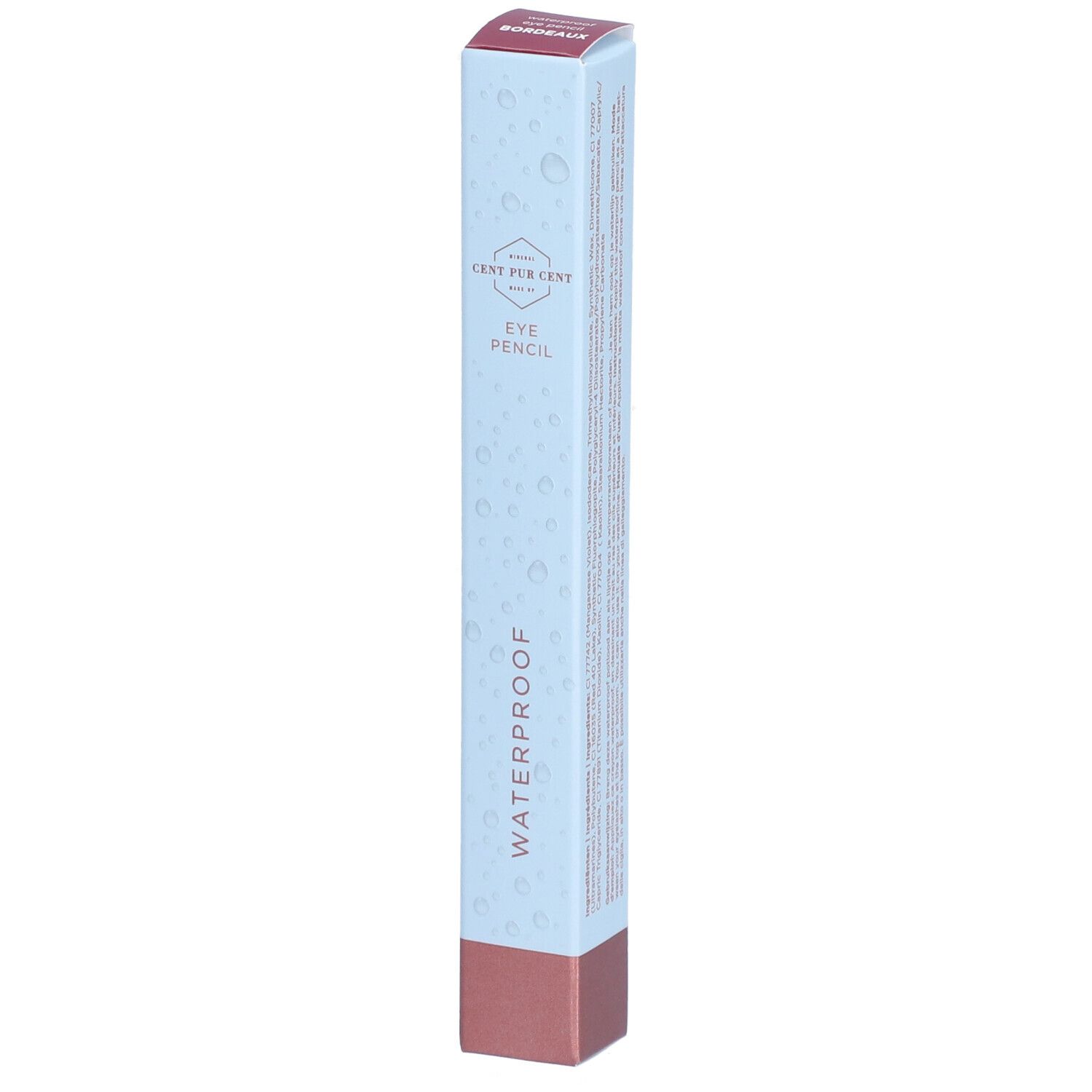 Boîte de CENT PUR CENT Crayon pour les Yeux. Base bordeaux, fond bleu clair avec gouttes d'eau, inscription Waterproof.