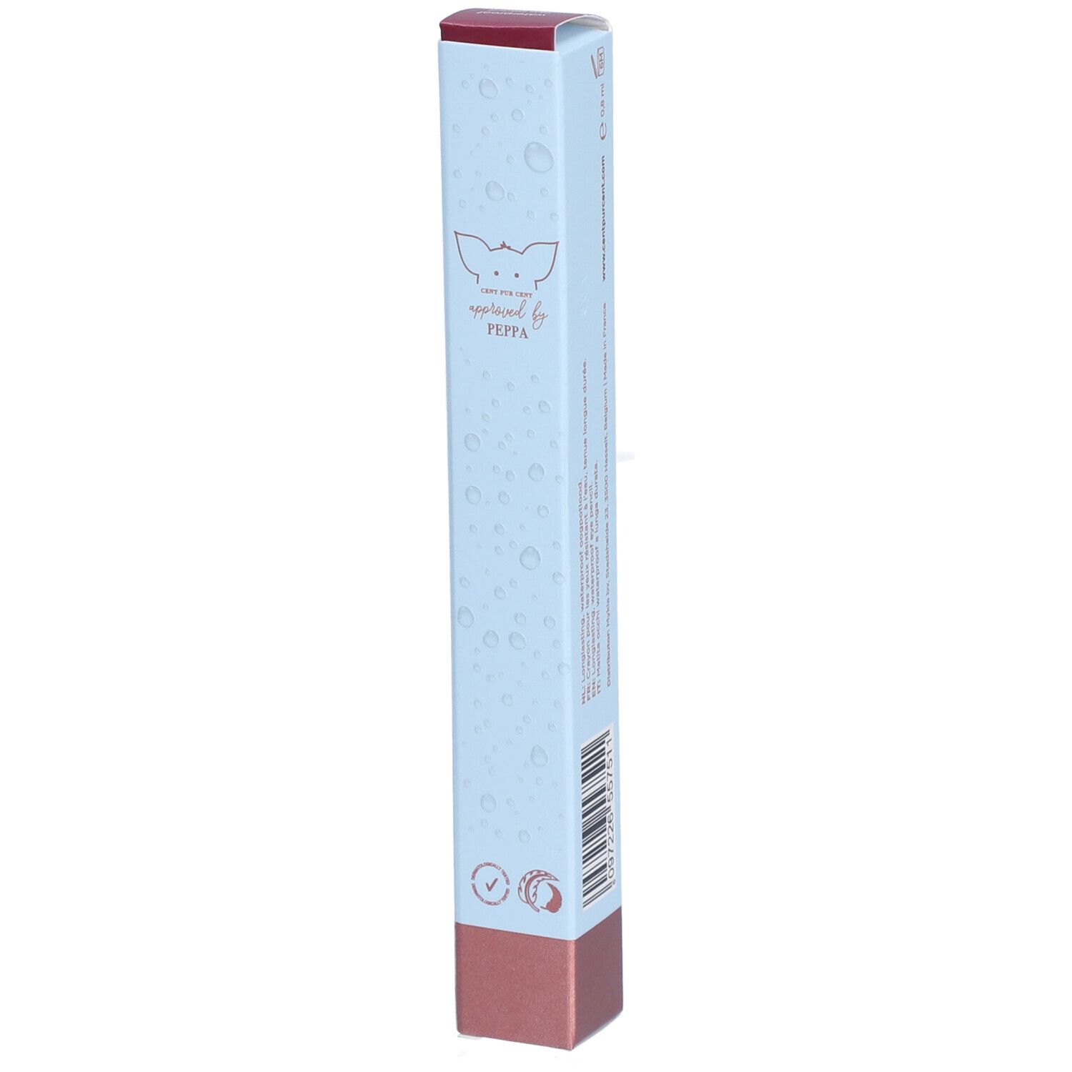 Emballage du Crayon pour les Yeux CENT PUR CENT avec logo 'approved by Peppa' sur fond bleu clair.