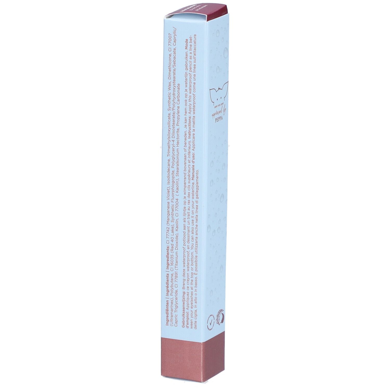 Emballage du Crayon pour les Yeux CENT PUR CENT avec ingrédients et texte sur fond bleu clair.