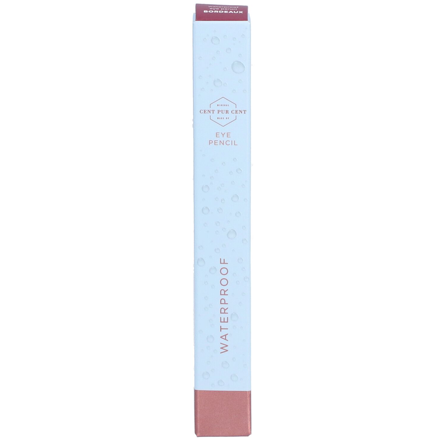 Boîte de CENT PUR CENT Crayon pour les Yeux. Base bordeaux, fond bleu clair avec gouttes d'eau, inscription Waterproof.