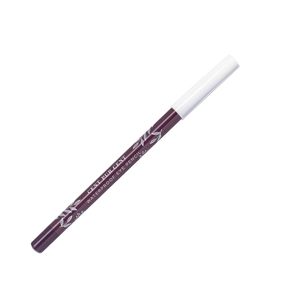 Crayon pour les Yeux Waterproof CENT PUR CENT, couleur Bordeaux. Crayon violet foncé avec décorations argentées, pointe blanche.