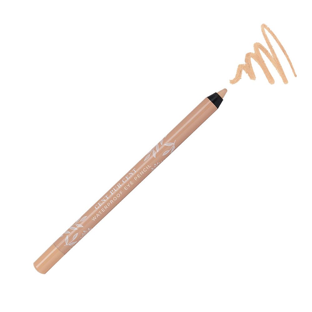 Beige oogpotlood met zwarte punt. Tekst: CENT PUR CENT WATERPROOF EYE PENCIL. Streep.
