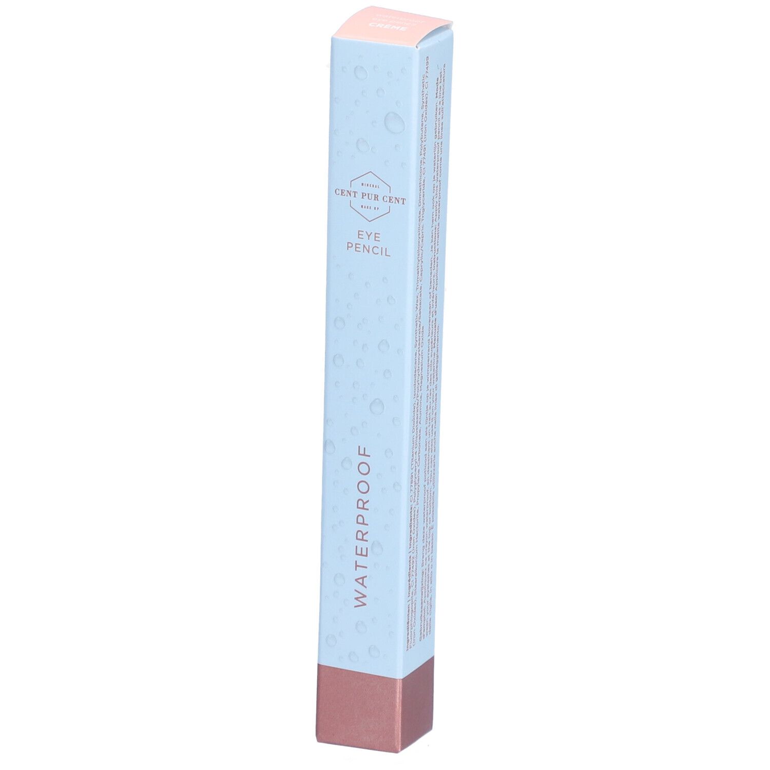Doosje voor een waterproof oogpotlood. Lichtblauw met roze bodem en deksel. Tekst: EYE PENCIL, WATERPROOF.