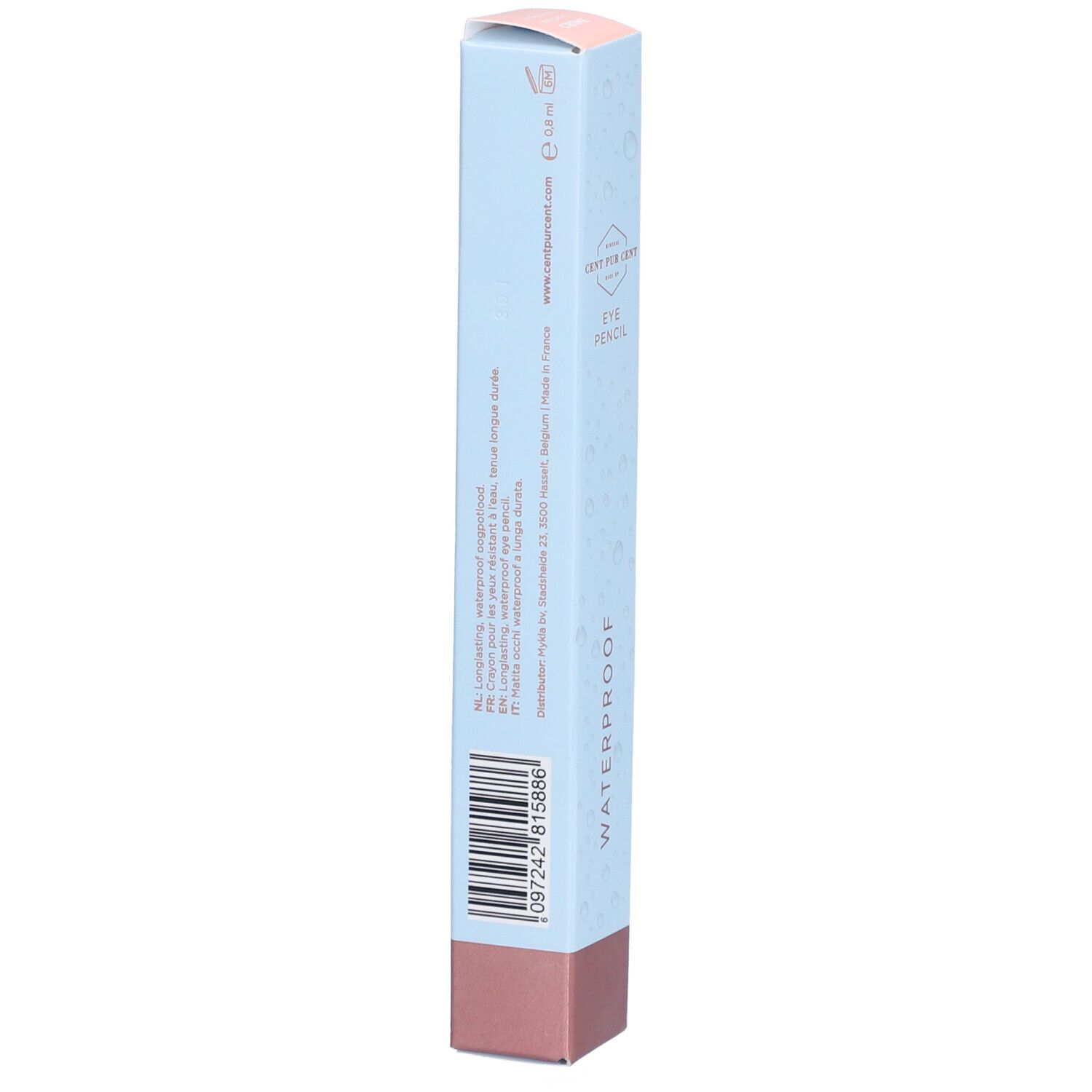 Achterkant van de oogpotloodverpakking. Lichtblauw met roze bodem en deksel. Tekst: WATERPROOF. Barcode en tekst.