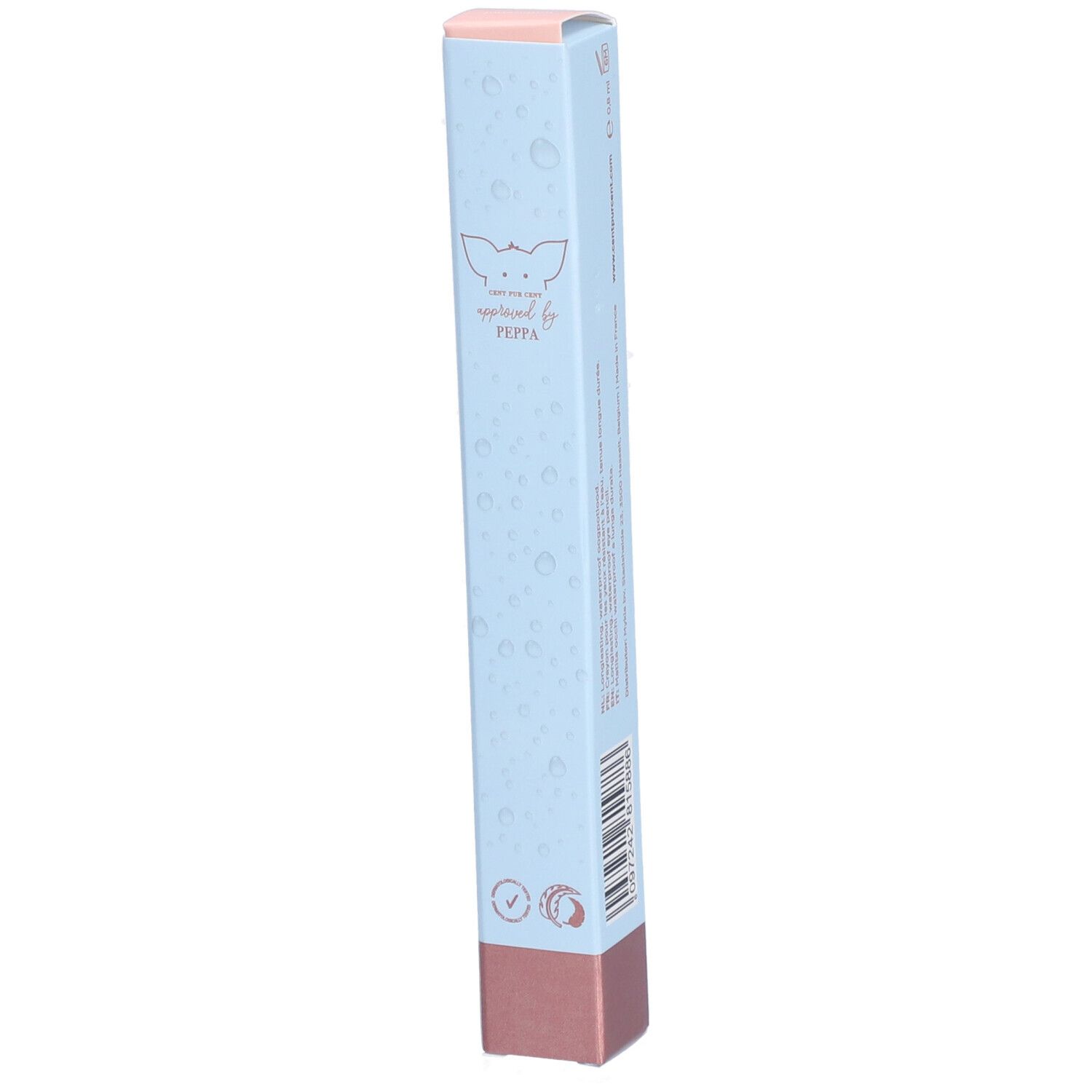 Zijkant van de oogpotloodverpakking. Lichtblauw met roze bodem en deksel. Tekst: approved by Peppa. Logo's.