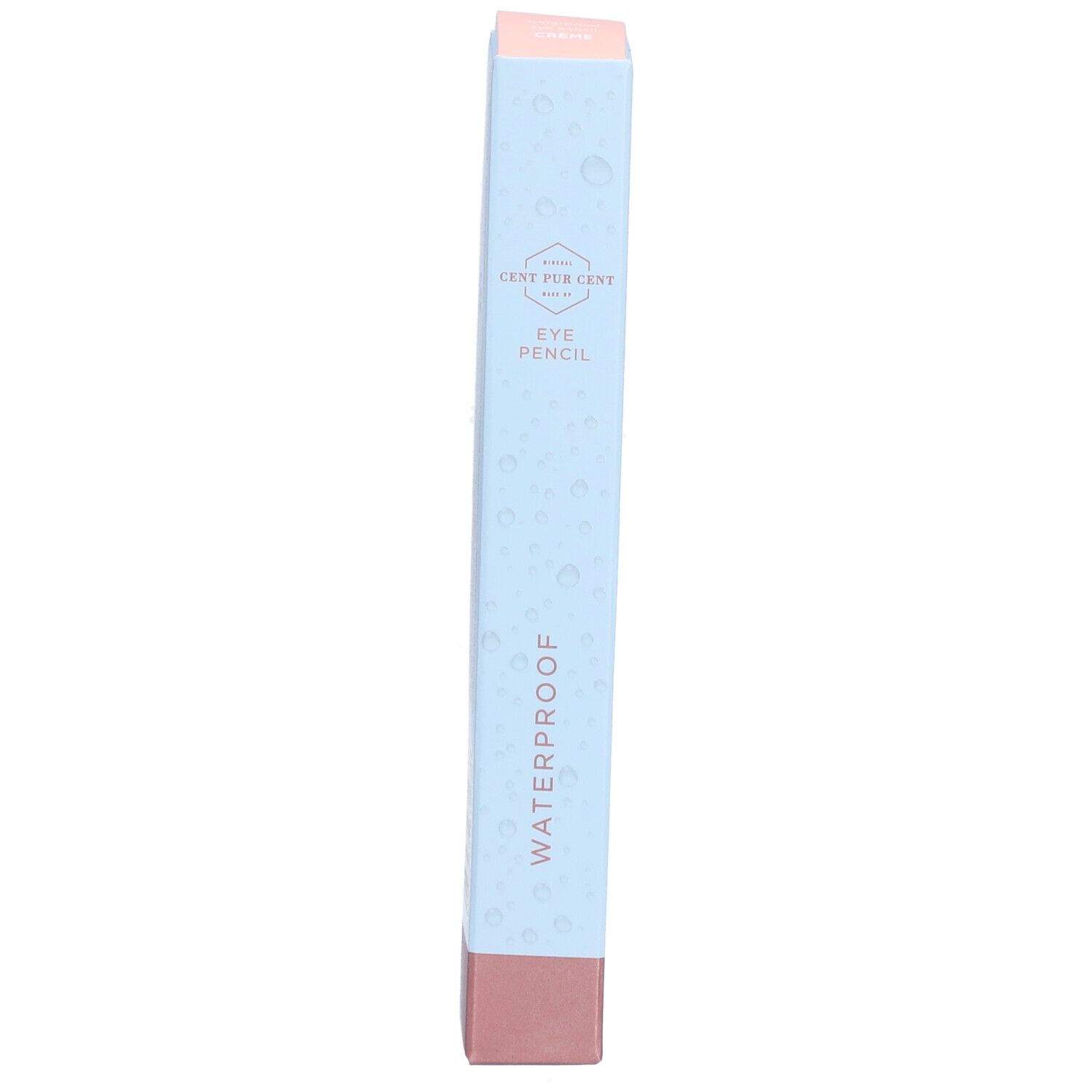 Oogpotloodverpakking. Lichtblauw met roze bodem en deksel. Tekst: CENT PUR CENT, EYE PENCIL, WATERPROOF.