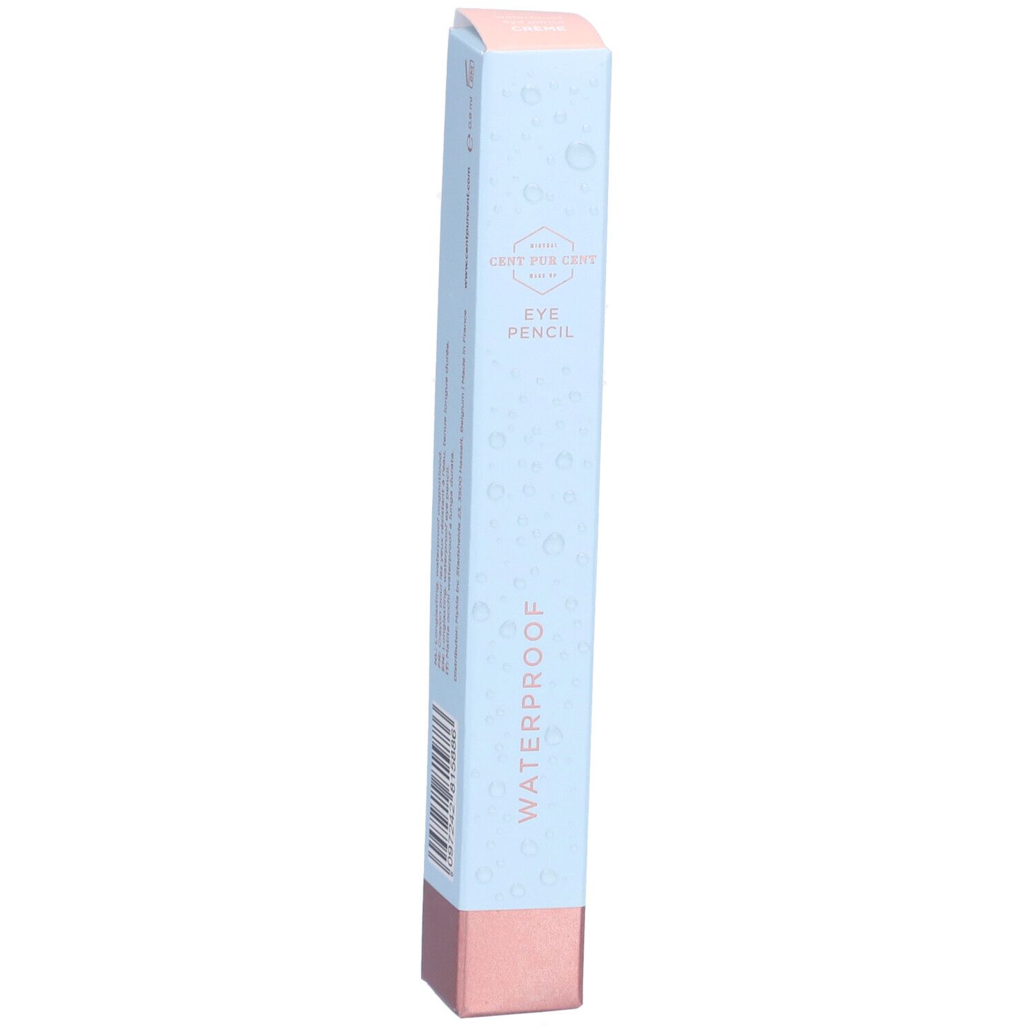 Oogpotloodverpakking. Lichtblauw met roze bodem en deksel. Tekst: CENT PUR CENT, EYE PENCIL, WATERPROOF.