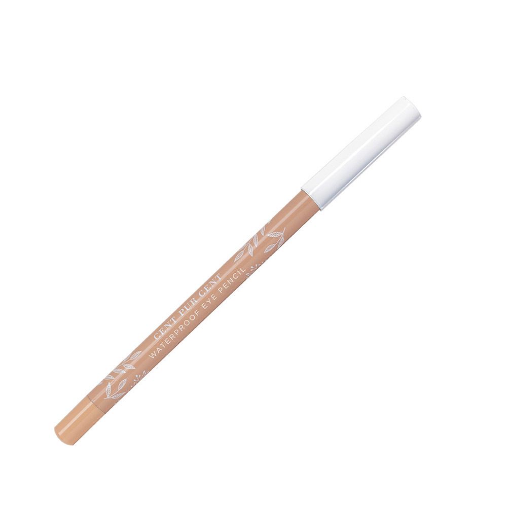 Beige oogpotlood met witte dop. Tekst: CENT PUR CENT WATERPROOF EYE PENCIL.