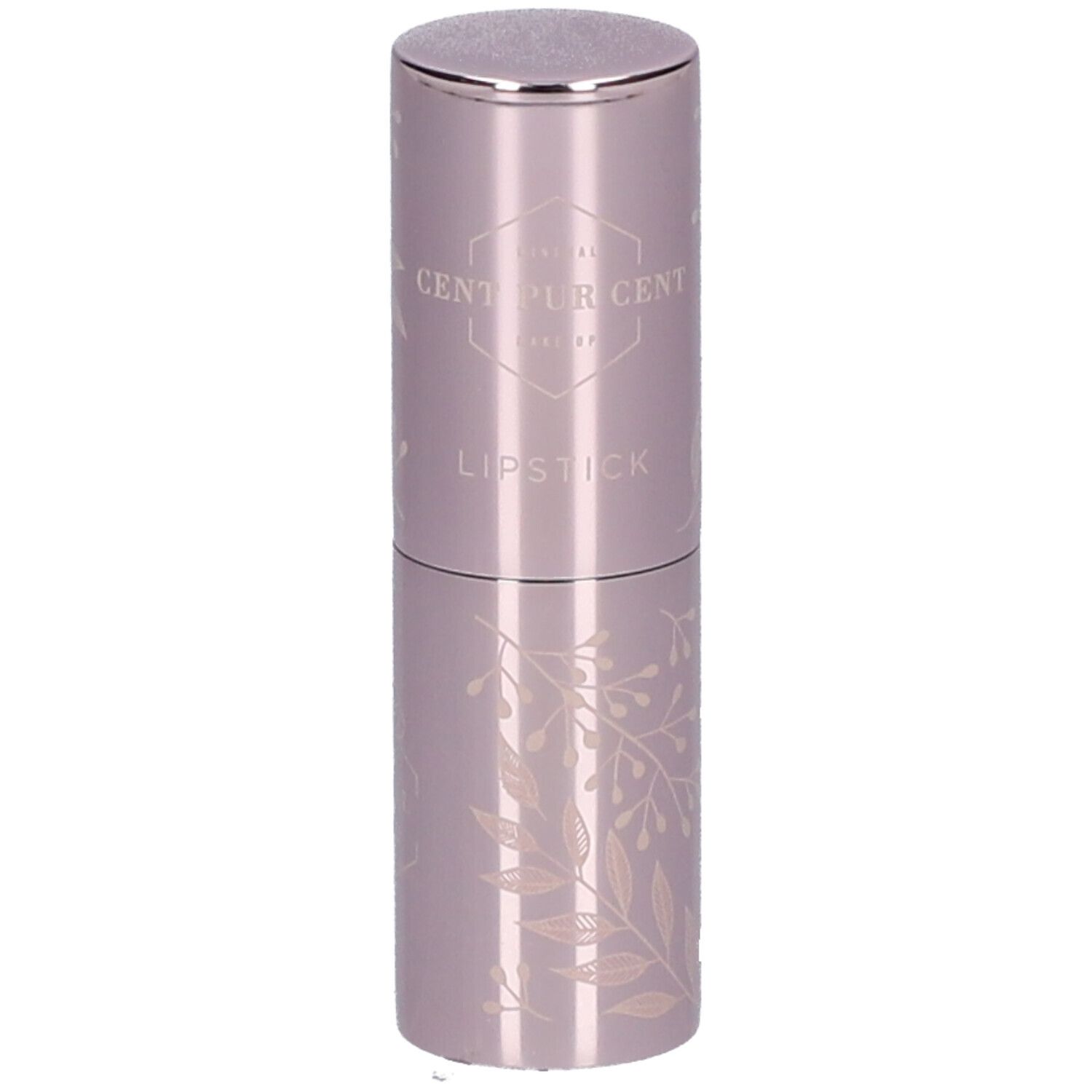 Lippenstift in lila huls met zilveren dop. Opschrift en bladdecoratie. Opschrift: CENT PUR CENT LIPSTICK.