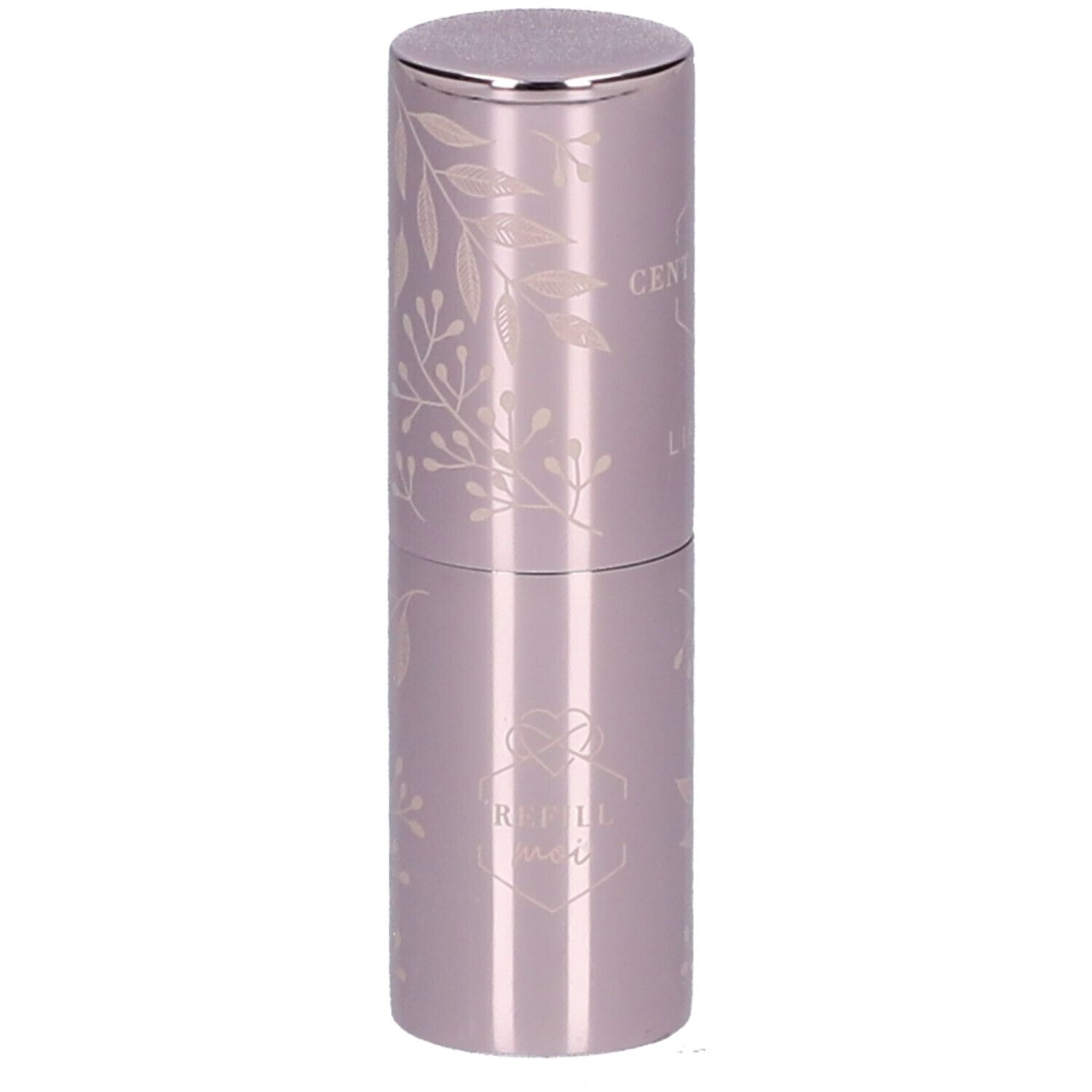 Lippenstift in lila huls met zilveren dop. Bladdecoratie. Opschrift: REFLETS DU VOILE.