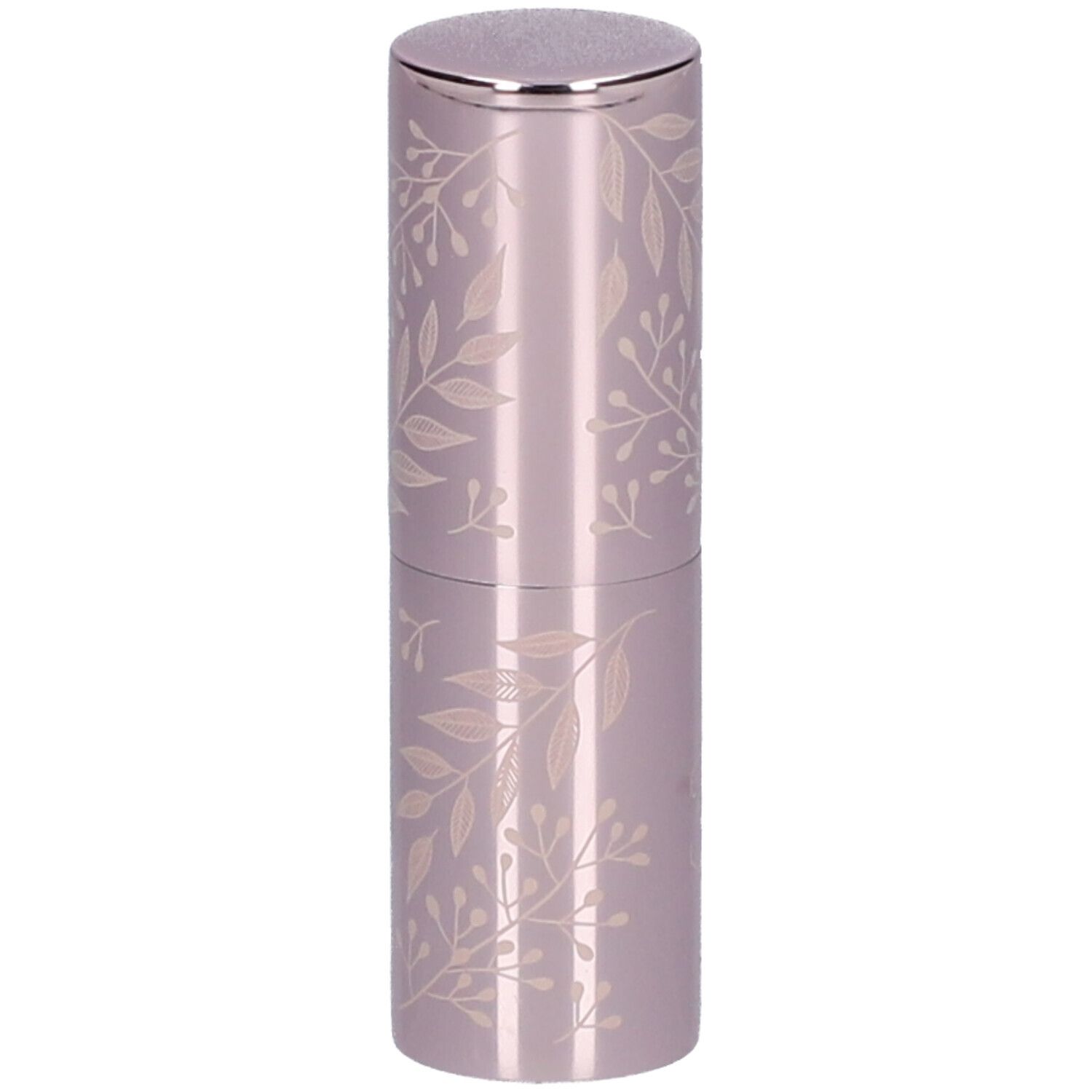 Lippenstift in lila huls met zilveren dop. Bladdecoratie. Geen andere opschriften.