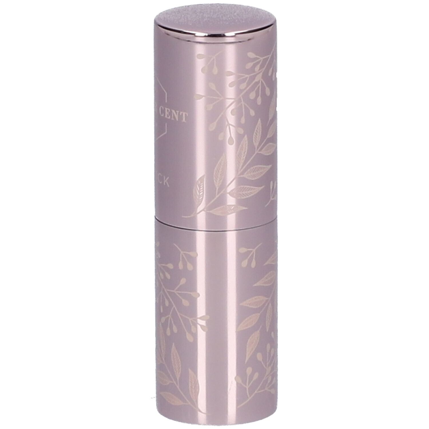 Lippenstift in lila huls met zilveren dop. Bladdecoratie. Opschrift: CENT PUR CENT LIPSTICK.