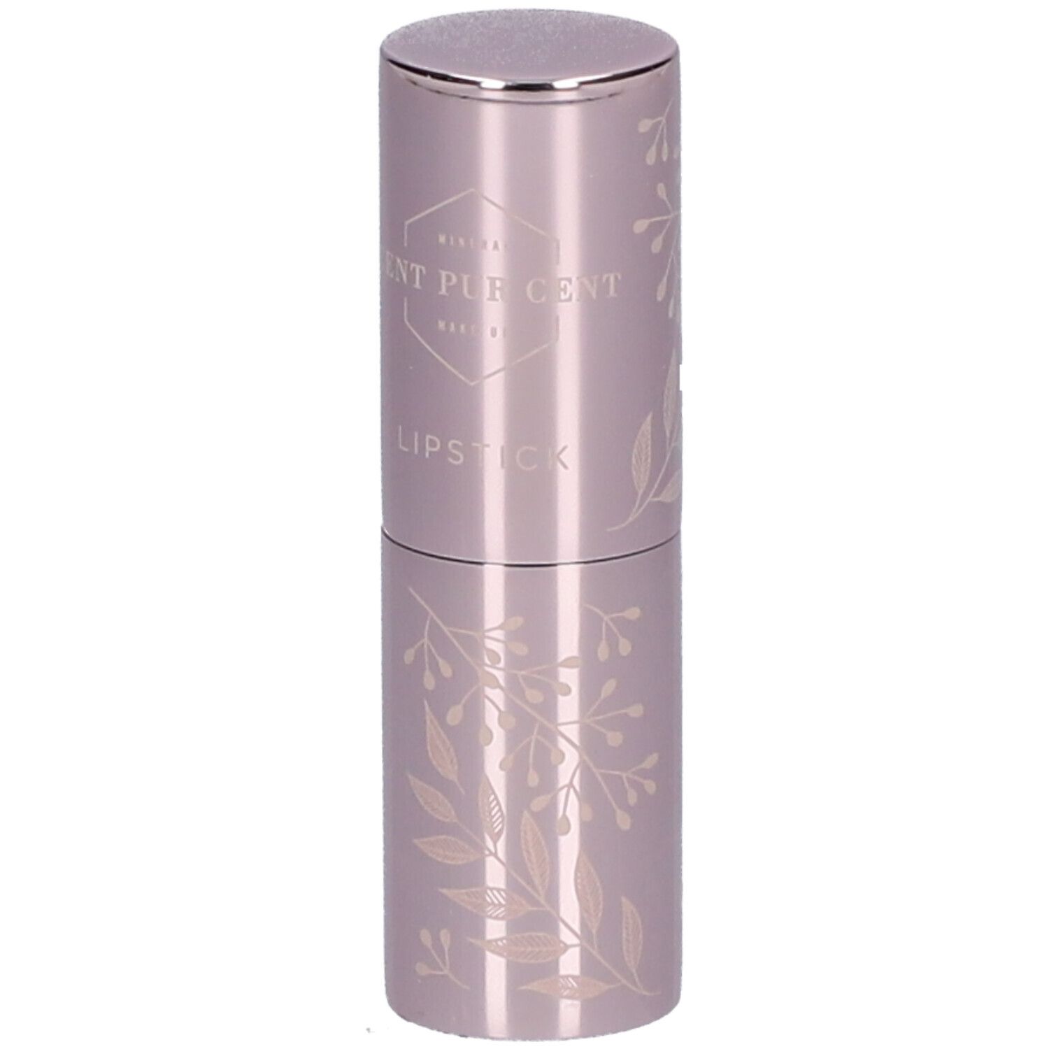 Lippenstift in lila huls met zilveren dop. Bladdecoratie. Opschrift: CENT PUR CENT PARIS LIPSTICK.