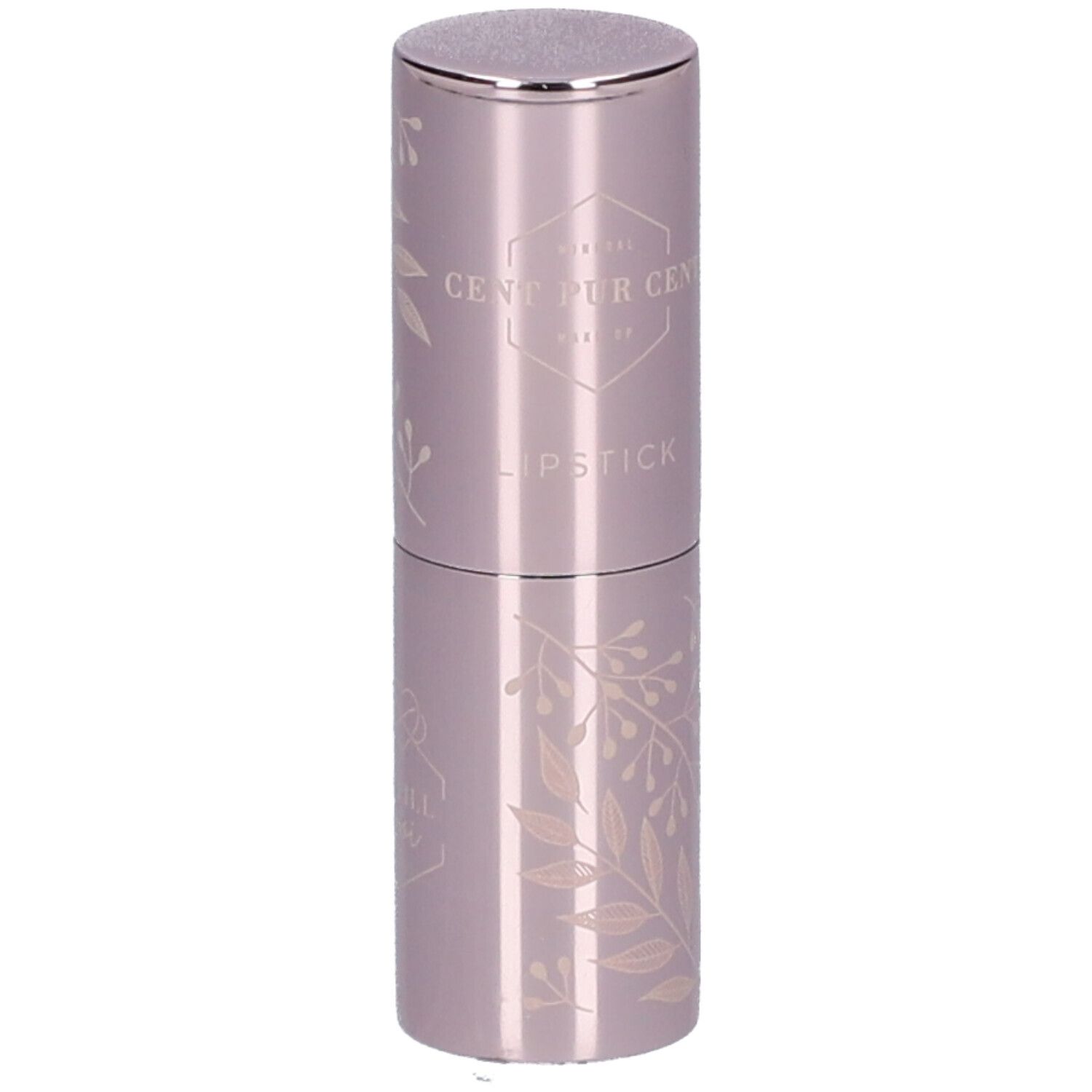 Lippenstift in lila huls met zilveren dop. Bladdecoratie. Opschrift: CENT PUR CENT LIPSTICK.