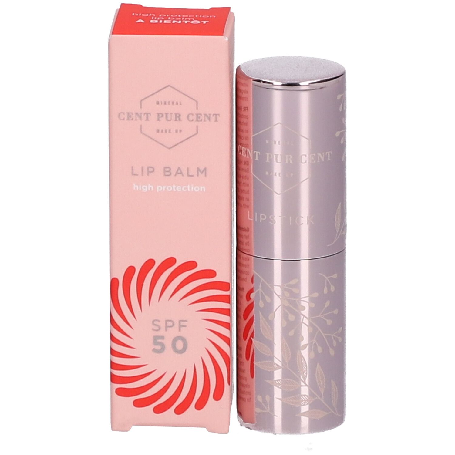 Lipbalsem en verpakking. Lila lipbalsem met zilveren dop. Roze verpakking met opschrift en SPF 50.